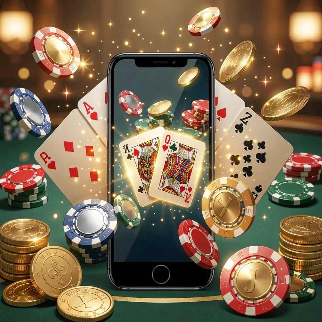 KP1111 mobile gaming application concept showing a smartphone surrounded by playing cards, roulette chips, gold coins, and sparkling lights in a premium casino style