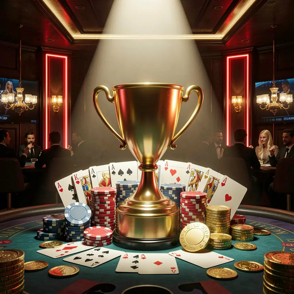 KP1111 casino tournament bonus concept featuring a golden trophy surrounded by poker chips, playing cards, and coins under a bright spotlight in a luxurious casino setting with dark background and red and gold neon accents