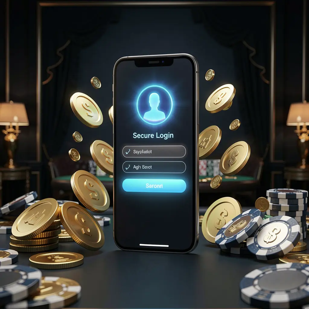 KP1111 online casino login page hero banner featuring a modern smartphone displaying a secure login screen with a glowing user profile icon, surrounded by golden coins and poker chips against a dark luxury background