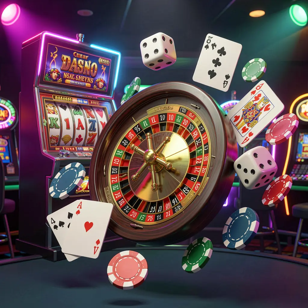 KP1111 casino games collection homepage visual featuring a slot machine, roulette wheel, dice, playing cards, and poker chips floating together with colorful neon lights in a premium 3D render